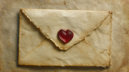 An aged paper envelope with a red heart-shaped seal, evoking a sense of vintage romance.
