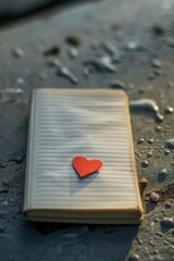 A tiny heart-shaped sticker in the bottom corner of a notebook, placed on a wet sandy surface.