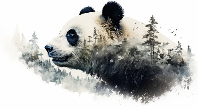 Panda on white background with double exposure	