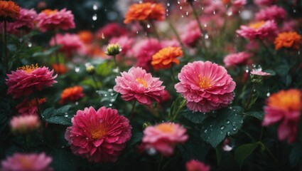 dahlia flowers with rain drops in the garden