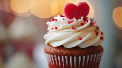 a festive Valentine's Day banner with a cupcake with a heart-shaped topper and red sprinkles, against a bokeh light background. - Powered by Adobe