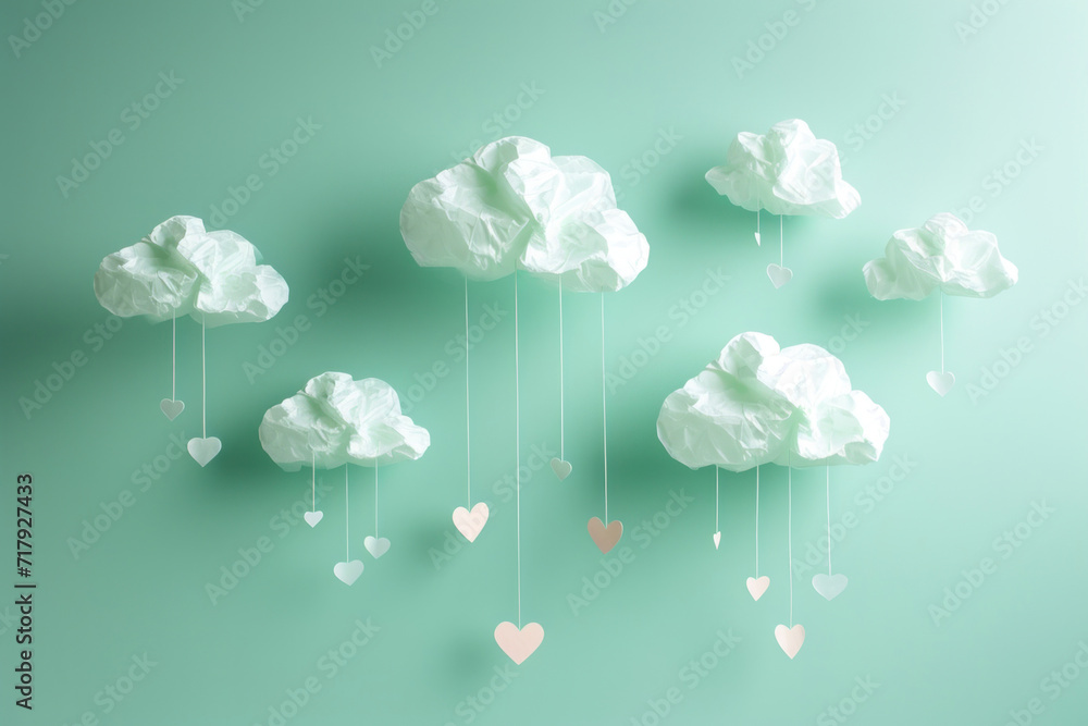 Poster floating paper clouds with heart-shaped raindrops create a dreamy and imaginative backdrop for valen