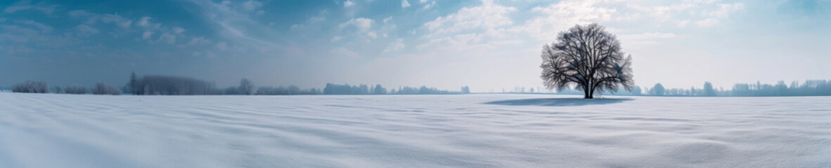 Fototapeta na wymiar A wide, panoramic view of a snow-covered field with a single bare tree in the center, under a partly cloudy blue sky.