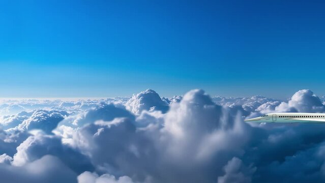 un avion de ligne futuriste vole au dessus d'une mer de nuage, traversant l'&eacute;cran de droite &agrave; gauche