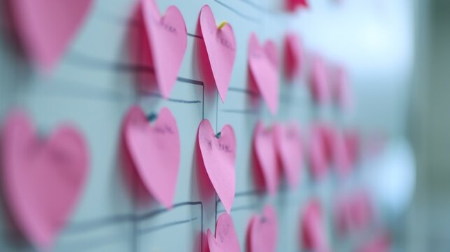 Pink heart-shaped sticky notes arranged on a whiteboard, with a focus on the playful and affectionate messages for Valentine's Day.