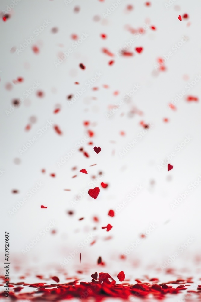 Poster a backdrop mockup with small red heart confetti is scattered across a bottom edge with a dynamic sense of movement against a white background.