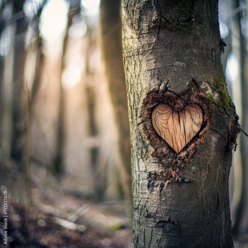 Poster a heart carved into the bark of a tree trunk stands out in a forest with copy space, symbolizing nat