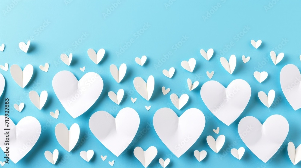 Poster a pastel blue background adorned with an array of white paper hearts in different sizes, creating a 