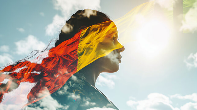 Double exposure portrait of Indigenous Australian woman blended with colors of Aboriginal flag