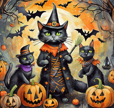 Paint a festive Halloween party with black cats in playful costumes, surrounded by bats, witches, and other iconic Halloween symbols."