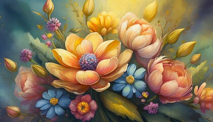 Illustration of beautiful spring flowers. Cute bouquet on dark background.