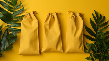 Eco friendly bags for products on a yellow background