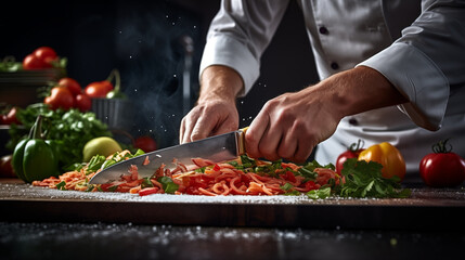 Professional chef slicing vegetables, ideal for culinary websites and cooking shows - obrazy, fototapety, plakaty