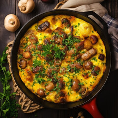 Egg omelet with sausage and seasonings in a cast