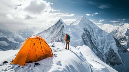 Mountaineer next to a striking orange tent on a snowy peak. - obrazy, fototapety, plakaty