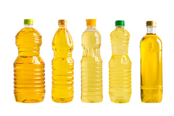 Vegetable oil in different bottle for cooking isolated on white background.