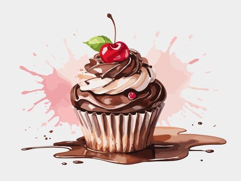 watercolor cupcake with chocolate and cherry	