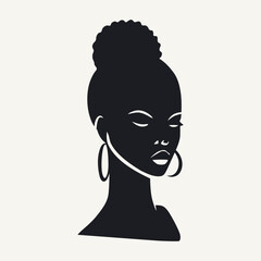 Black and white vector illustration of a beautiful African American woman in profile.