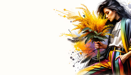 Women International Day, Women of many nationalities with Mimosa flower, Illustraion design - obrazy, fototapety, plakaty