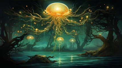 a jellyfish floating in the air, above water, the jellyfish's colour is green, medieval fantasy style