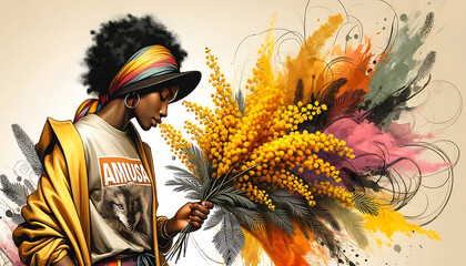 Women International Day, Women of many nationalities with Mimosa flower, Illustraion design