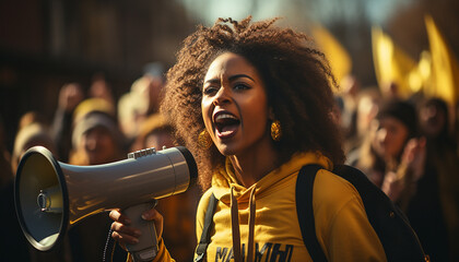 Young African American woman shouting through megaphones while supporting anti-racism protests. - obrazy, fototapety, plakaty