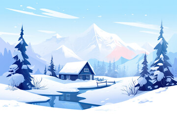 Winter Wonderland: Snowy Mountain Landscape with White House and Christmas Holiday Forest