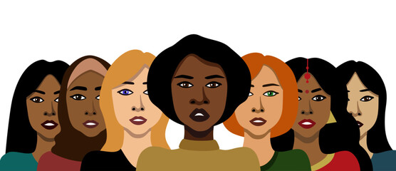 Different nationalities women concept vector illustration in minimalistic style on white background