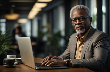 Senior african man typing on laptop in coffee shop, research or social media. Concept of employment of elderly people, business, restaurant business, analytics, business meetings. AI generated