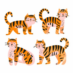 Clipart de tigres nas cores rosa, bege e laranja isolado no fundo branco