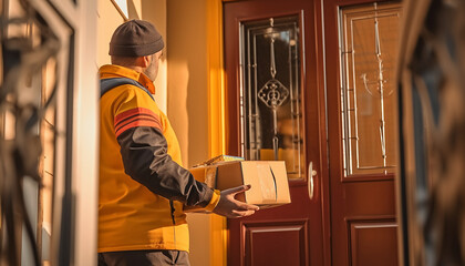 Postman delivering package of goods to home with smile and happy face. Home delivery concept.