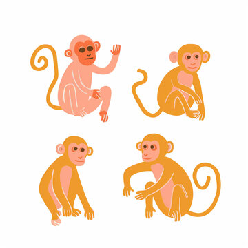 Clipart de macacos nas cores rosa, bege e laranja isolado no fundo branco