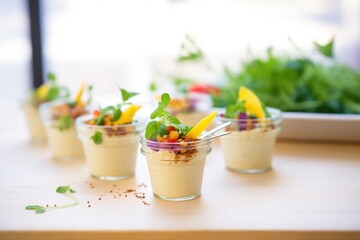 individual cups of hummus with assorted veggies sticking out - obrazy, fototapety, plakaty