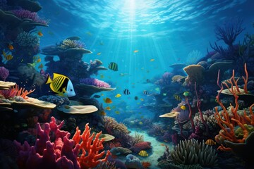 Fototapeta na wymiar Underwater coral reef scene with diverse marine life. Sunlit coral reef teeming with colorful tropical fish. Nature background.