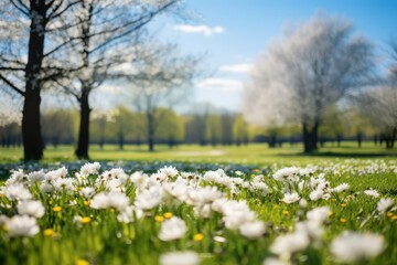 Blooming white flowers in a sunlit spring park. Nature background.