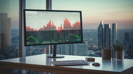 Modern office desk with analytics on screen and cityscape view.