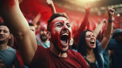 Cheering crowd at a football stadium. Fans cheering for their favorite team.