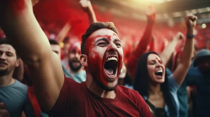 Foto op Aluminium Cheering crowd at a football stadium. Fans cheering for their favorite team. © KrikHill