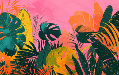 plantas tropicais Colagem, estilo pop,  impressos em risografia em papel  - obrazy, fototapety, plakaty