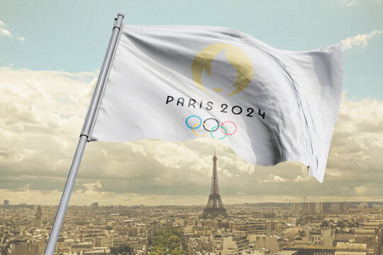 Top view of flag of french olympics games 2024 . Plane design, layout. official logo of SOG 2024 in Paris