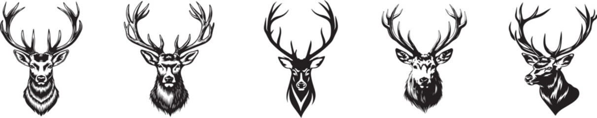 set of deer profile black and white vector graphics - obrazy, fototapety, plakaty