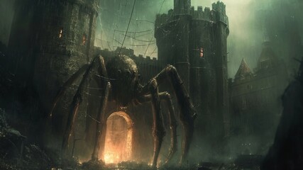 a medieval tower, one small fantasy spider