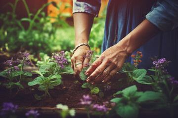 Hands touches a organic plant in the garden