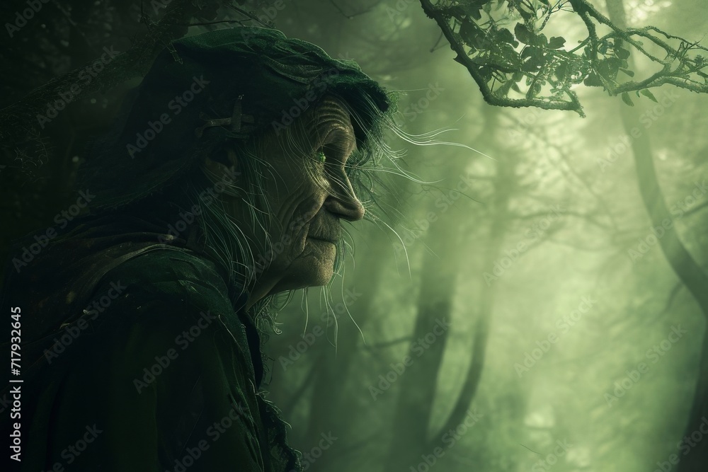 Poster a middle aged peasant, simple mediaeval clothing, travelling through an eerie misty woodland