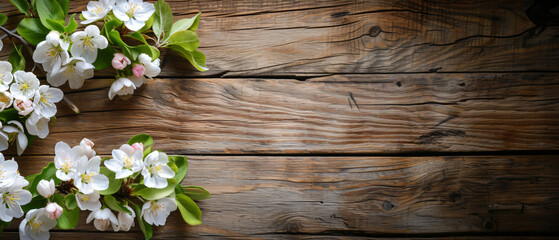 Spring blossom background with wooden floor. - obrazy, fototapety, plakaty