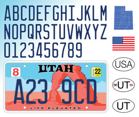 Utah state car license plate pattern with arch, letters and numbers, vector illustration, USA, United States of America