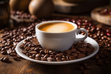 a cup of coffee on a wooden table with scattered coffee beans