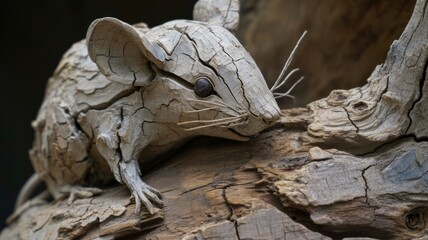 A mouse sculpture carved from wood. Wooden art object of an animal with many age cracks in the wood