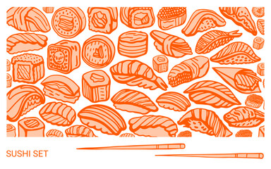 Isolated vector set of Japanese sushi set in hand drawn doodle style on a yellow background. Wasabi, ginger, soy sauce and sushi sticks. Asian food for restaurants menu. Philadelphia roll.