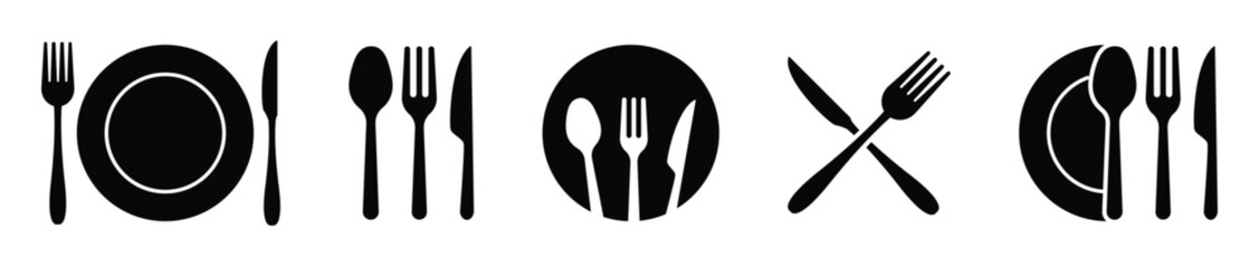 Fork, knife, spoon and plate set icons. Tableware set flat style. Dinnerservice collection. Plate, fork and knife for apps and websites.